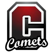 Large letter "C" in the school colors of red, silver, and white, with the caption "comets" written across it