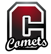 Large letter "C" in the school colors of red, silver, and white, with the caption "comets" written across it