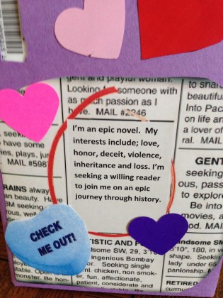 Picture of a book wrapped in newsprint with fake dating advertisement circled.
