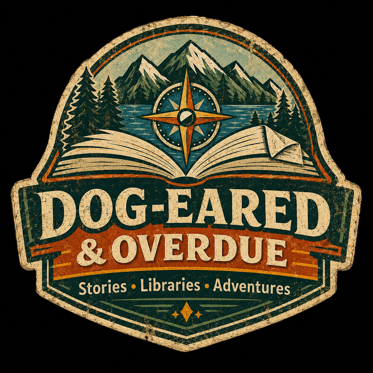 The title of the blog "Dog-eared & Overdue" appears under an image of an open book with a dog-eared page, a compass, and a landscape scene of water, mountains, and evergreen trees.