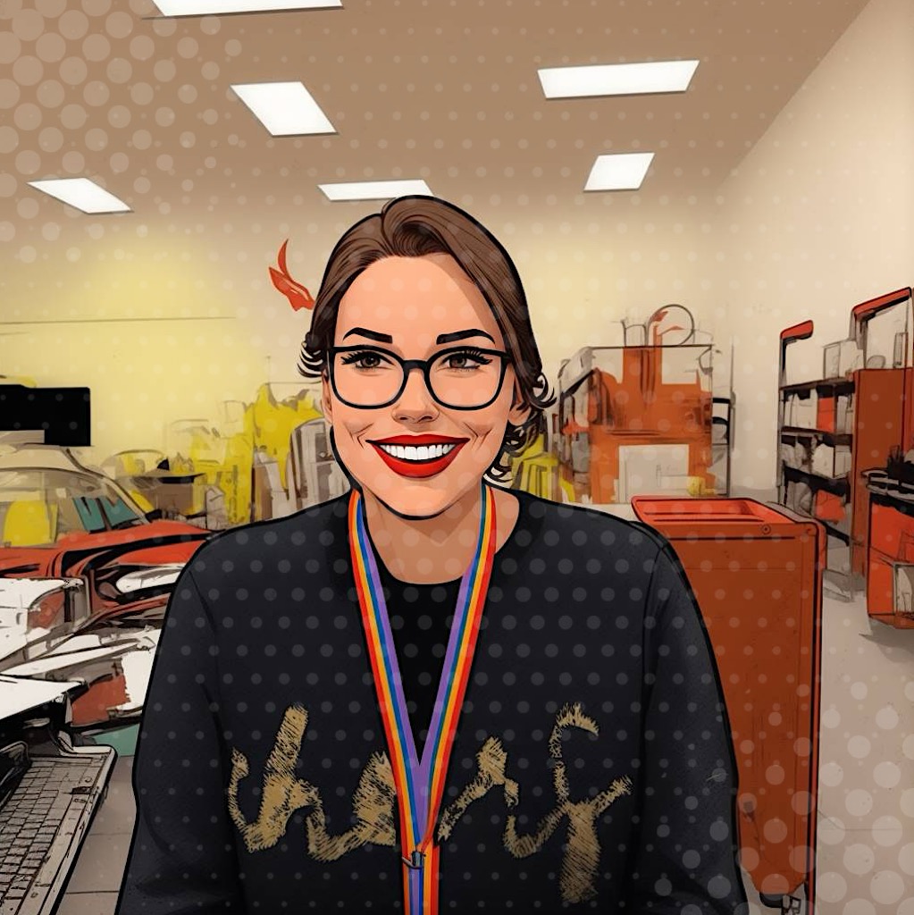 Smiling librarian in a rainbow lanyard and shirt that says "cheers" across the front.