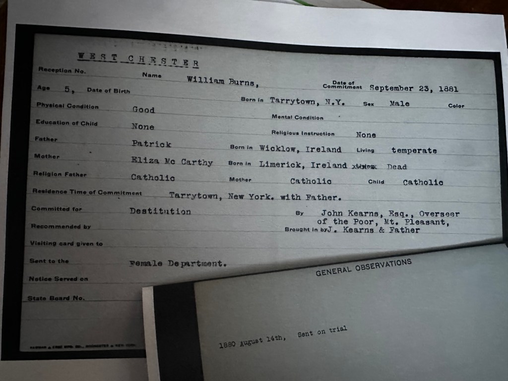 A historical commitment document from the New York Catholic Protectory in West Chester, dated September 23, 1881, for a five-year-old boy named William Burns, committed due to destitution.