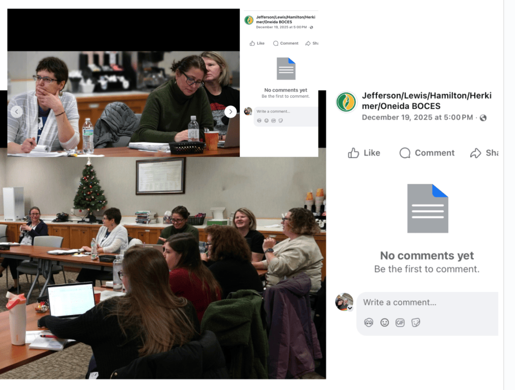 People are seated around tables in a meeting room with notebooks and laptops; a Christmas tree is in the background. Facebook posts with “No comments yet” are shown on the right.