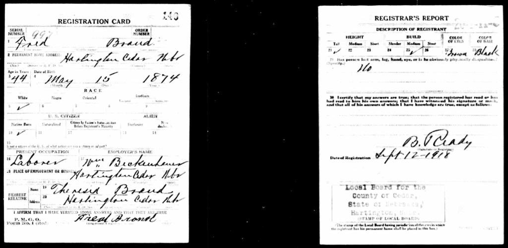 A historical registration card and registrar's report for an individual named Fred Brand, dated May 15, 1874, including personal information such as age, race, occupation, and physical description.